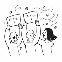 People with Enchanted Feedback Notes and Beaming Faces concept as A group of people holding enchanted feedback notes with beaming faces set against a whimsical background offering Cleans vector