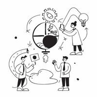 People with Earth and Business Process Solutions concept as A group of people discussing business process solutions with an earth model set against a fantastical background offerin Cleans vector