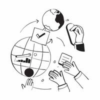 People with Earth and Business Process Reviews concept as A group of people reviewing business processes with an earth model set against a dreamy background offering ample space fo Cleans Set 2 vector