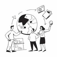 People with Earth and Business Process Overviews concept as A group of people discussing business process overviews with an earth model set against a whimsical background offering Cleans Set 2 vector