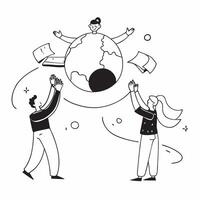 People with Earth and Business Process Models concept as A group of people developing business process models with an earth model set against a fantastical background offering ampl Cleans Set 4 vector