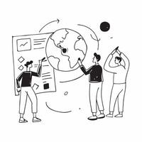 People with Earth and Business Process Reviews concept as A group of people reviewing business processes with an earth model set against a dreamy background offering ample space fo Cleans Set 3 vector