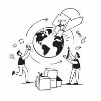 People with Earth and Business Process Innovations concept as A group of people discussing business process innovations with an earth model set against a fantastical background off Cleans vector