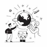 People with Earth and Business Process Innovations concept as A group of people discussing business process innovations with an earth model set against a fantastical background off Cleans Set 2 vector