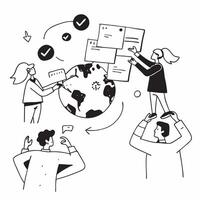 People with Earth and Business Process Flowcharts concept as A group of people discussing business process flowcharts with an earth model set against a whimsical background offerin Cleans vector