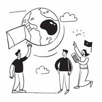 People with Earth and Business Process Diagrams concept as A group of people analyzing business process diagrams with an earth model set against a fantastical background offering a Cleans Set 4 vector