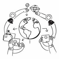 People with Earth and Business Process Audits concept as A group of people auditing business processes with an earth model set against a fantastical background offering ample space Cleans Set 2 vector