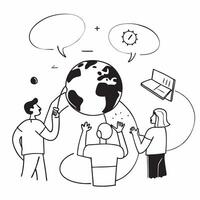 People with Earth and Business Process Diagrams concept as A group of people analyzing business process diagrams with an earth model set against a fantastical background offering a Cleans Set 2 vector