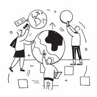 People with Earth and Business Process Diagrams concept as A group of people analyzing business process diagrams with an earth model set against a fantastical background offering a Cleans vector