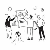 People with Earth and Business Process Charts concept as A group of people discussing business process charts with an earth model set against a fantastical background offering ampl Cleans vector