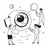 People with Earth and Business Process Audits concept as A group of people auditing business processes with an earth model set against a fantastical background offering ample space Cleans vector