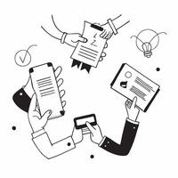 People with Certificates and Smartphones concept as Business professionals holding certificates and using smartphones set against a whimsical background offering ample space for te Cleans vector