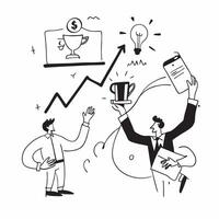 People with Awards and Graphs concept as Business professionals holding awards and analyzing graphs set against a whimsical background offering ample space for text or graphics sym Cleans vector