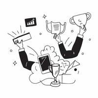 People with Awards and Tablets concept as Business professionals holding awards and using tablets set against a dreamy background offering ample space for text or graphics symboliz Cleans vector