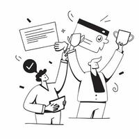 People with Awards and Laptops concept as Business professionals holding awards and using laptops set against a dreamy background offering ample space for text or graphics symboliz Cleans vector