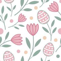 Pastel colored Easter flowers and Easter eggs seamless tile pattern with soft spring vibes concept as Soft spring vibes with pastel colored Easter flowers and eggs create a seamles Cleans vector