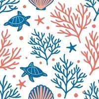 Ocean inspired summer seamless tile pattern with coral reefs and sea creatures for coastal decor concept as Coral reefs and sea creatures arranged in a seamless pattern perfect for Cleans vector