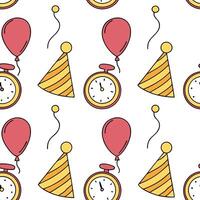 New Year seamless pattern with vibrant balloons party hats and countdown clocks for a high energy fun celebration theme concept as Fun New Year pattern with balloons party hats and Cleans vector