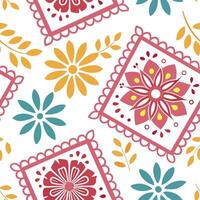 Mexican vibrant papel picado and floral seamless tile pattern with bright colors and intricate details for festive decor concept as Brightly colored papel picado and intricate flor Cleans vector