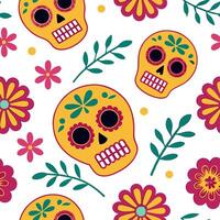 Mexican Day of the Dead skulls and marigolds seamless tile pattern with bright colors and intricate details for festive decor concept as Brightly colored skulls and intricate marig Cleans vector