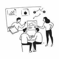 Marketing team collaborating on a social media campaign plan concept as A marketing team in a conference room collaborating on a social media campaign plan using charts and graphs Cleans Set 3 vector