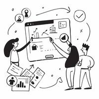 Marketing team collaborating on a product launch concept as A illustration of a marketing team collaborating on a product launch using digital tools and charts with a 3 colo Cleans vector
