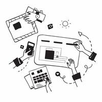 Marketing team collaborating on a social media campaign plan concept as A marketing team in a conference room collaborating on a social media campaign plan using charts and graphs Cleans Set 2 vector
