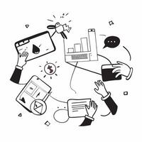 Marketing team brainstorming in a creative workspace concept as A illustration of a marketing team brainstorming in a creative workspace using laptops and tablets with an 8 Cleans Set 2 vector