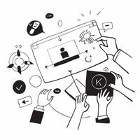 Marketing team collaborating on a brand strategy concept as A illustration of a marketing team collaborating on a brand strategy using laptops and digital tools with an 8 co Cleans vector