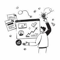 Marketing specialist designing interactive social media content concept as A marketing specialist in a creative office designing interactive social media content on a computer high Cleans vector