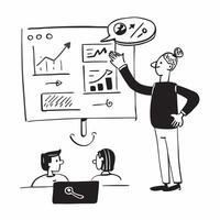 Marketing executive presenting social media results to the board concept as A marketing executive in a boardroom presenting social media results to the board using graphs and data Cleans vector