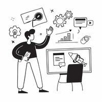 Marketing director overseeing social media AI implementation concept as A marketing director in a modern office overseeing social media AI implementation on a computer highlighting Cleans vector
