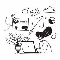 Marketing consultant enjoying a peaceful garden while working on a laptop concept as A marketing consultant enjoying a peaceful garden while working on a laptop checking social med Cleans vector