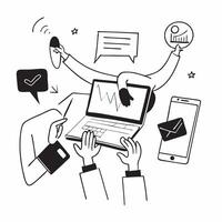 Marketing consultant collaborating with clients concept as A illustration of a marketing consultant collaborating with clients using laptops and digital tools with a 3 color Cleans vector