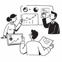 Marketing consultant conducting a hybrid market analysis meeting concept as A marketing consultant conducting a hybrid market analysis meeting with clients in the office and remote Cleans Set 2 vector