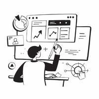 Marketing analyst reviewing social media performance reports concept as A marketing analyst in a modern office reviewing social media performance reports on a desktop computer high Cleans vector