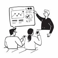 Marketing consultant conducting a hybrid market analysis meeting concept as A marketing consultant conducting a hybrid market analysis meeting with clients in the office and remote Cleans vector
