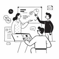 Marketing consultant advising a client on social media strategy concept as A marketing consultant in a modern office advising a client on social media strategy using a laptop and c Cleans vector