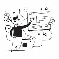 Marketer with Presentation and Laptop concept as A marketer giving a presentation and using a laptop set against a whimsical background offering ample space for text or graphics sy Cleans vector