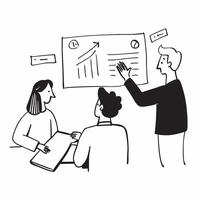 Market researcher presenting stock valuation insights to a team concept as A market researcher in a meeting room presenting stock valuation insights to a team using charts and grap Cleans vector