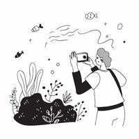 Marine Biologist with Digital Camera and Coral Reef Restoration in Underwater Scene concept as Long shot of a marine biologist using a digital camera to document coral reef restora Cleans vector