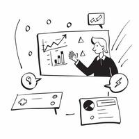 Manager with Conference Call and Charts concept as An image of a manager with a conference call and charts set against a whimsical background offering ample space for text or graph Cleans vector