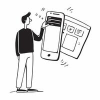 Man Updating Mobile Banking App concept as A man updating his mobile banking app on his smartphone with a blank background offering space for additional text or design elements in Cleans vector