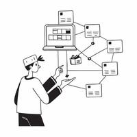 Logistics Analyst with Tablet and Flowcharts in Futuristic Warehouse concept as Long shot of a logistics analyst using a tablet and reviewing flowcharts in a futuristic warehouse Cleans Set 2 vector