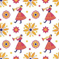 Local festivals and traditional instruments seamless tile pattern with vibrant colors and dynamic shapes concept as Vibrant colors and dynamic shapes highlight local festivals and Cleans vector