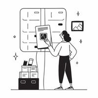 Librarian with E Books and Digital Tablet in High Tech Library concept as Long shot of a librarian managing e books and a digital tablet in a high tech library The setting include Cleans vector