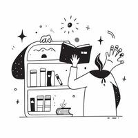 Librarian with Digital Bookshelf and Tablet in Enchanted Library concept as Mid shot of a librarian managing a digital bookshelf and a tablet in an enchanted library The setting i Cleans vector