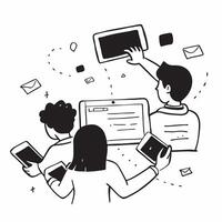 Kids with Tablets and Virtual Classroom concept as Kids using tablets with a virtual classroom appearing around them set against a plain background offering space for text or graph Cleans vector
