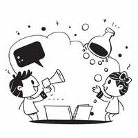 Kids with Science Kits and Magical Lab concept as Kids with science kits and a magical laboratory appearing around them set against a blank background providing ample space for tex Cleans vector