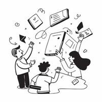 Kids with Tablets and Holographic Teacher concept as Kids using tablets with a holographic teacher appearing around them set against a blank background providing space for text or Cleans vector